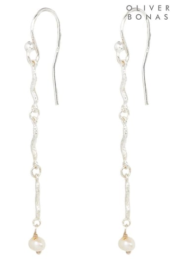 Oliver Bonas Silver Tone Nixie Freshwater Pearl Wavy Drop Earrings (N29300) | £40