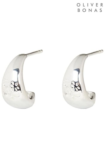 Oliver Bonas Silver Tone Lilie Posy Engraved Hoop Earrings (N29302) | £42
