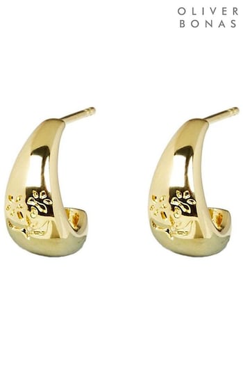 Oliver Bonas Silver Tone Lilie Posy Engraved Hoop Earrings (N29304) | £42