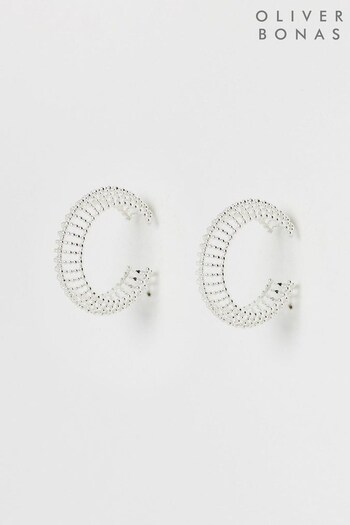 Oliver Bonas Silver Tone Amaya Textured Beaded Hoop Earrings (N29307) | £18