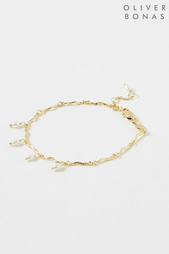 Oliver Bonas Gold Tone Nixie Freshwater Pearl Wavy Chain Bracelet (N29325) | £45
