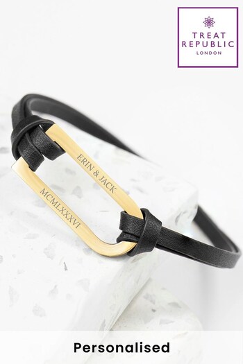 Personalised Mens Shoreditch Black Leather Bracelet  Gold by Treat Republic (N29505) | £32