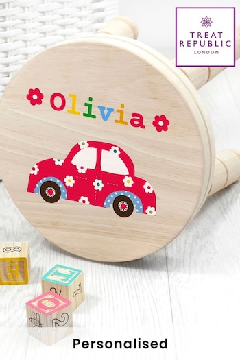 Personalised Pink Car Kids Wooden Stool by Treat Republic (N29522) | £35