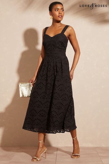 Love & Roses Black Cami Corset Lace Trim Cotton Midi Dress (N29600) | £68