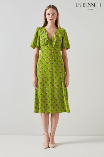 LK Bennett Green Edeline Rosebud Print Silk Dress (N29841) | £459