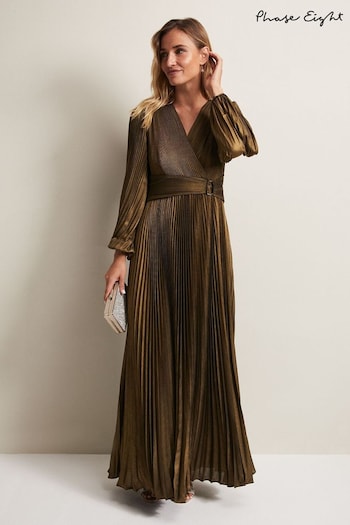 Phase Eight Gold Adrianna Foil Pleated Maxi Dress (N30070) | £349