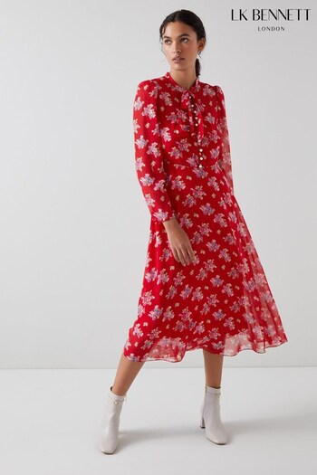LK Bennett Red Keira Floral Print Silk Dress (N30256) | £429
