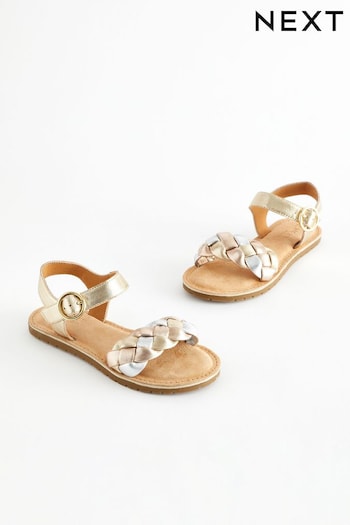Gold Silver Metallic Leather Plaited Sandals (N31125) | £22 - £29