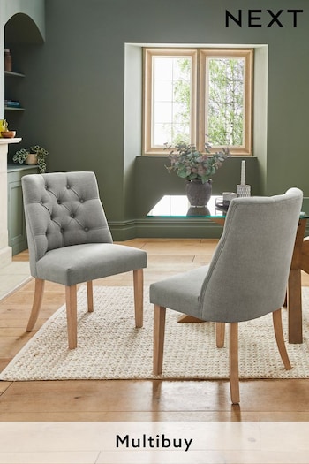 Set of 2 Soft Linen Look Mid Grey Wolton Collection Luxe Buttoned Dining Chairs (N31147) | £330