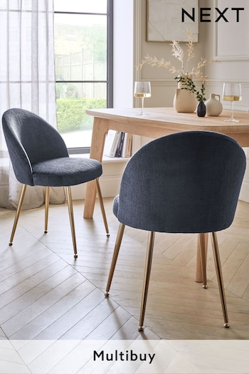 Set of 2 Plush Chenille Slate Blue Newman Brushed Gold Finish Leg Dining Chairs (N31155) | £230