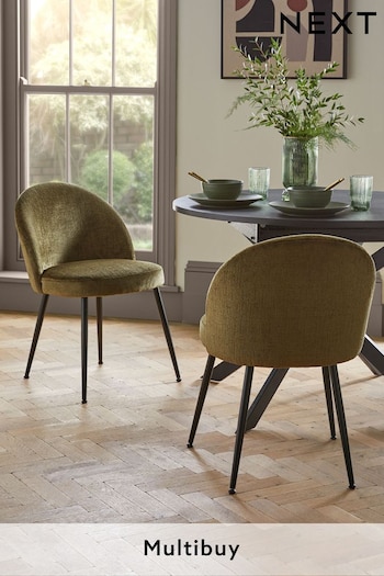 Set of 2 Plush Chenille Moss Green Newman Black Leg Dining Chairs (N31156) | £230