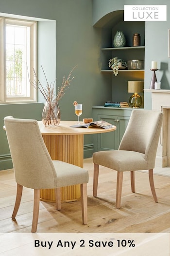 Set of 2 Soft Linen Look Light Natural Wolton Collection Luxe Light Wood Leg Dining Chairs (N31157) | £299
