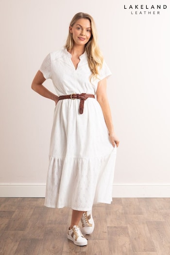 Lakeland Clothing Satin Isla Pointelle Midi White Dress (N31191) | £45