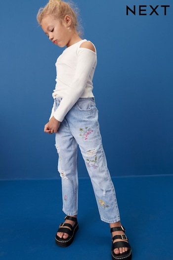Denim Bright Blue Floral Embroidered Mom Jeans (3-16yrs) (N31195) | £20 - £25