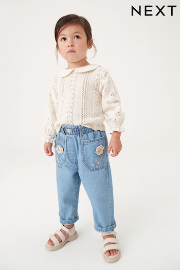 Mid Blue Denim Crochet Flower Mom Jeans (3mths-7yrs) (N31338) | £14 - £16