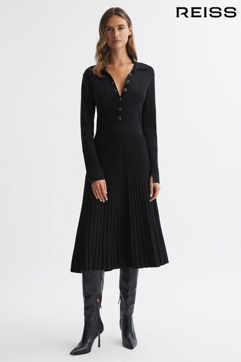 Reiss Black Mia Knitted Pleated Midi Dress (N31484) | £228