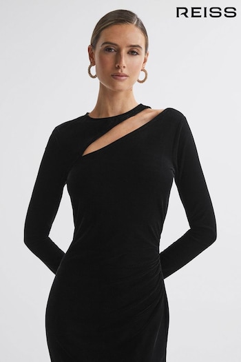 Reiss Black Macey Petite Velvet Cut-Out Midi Dress (N31485) | £148