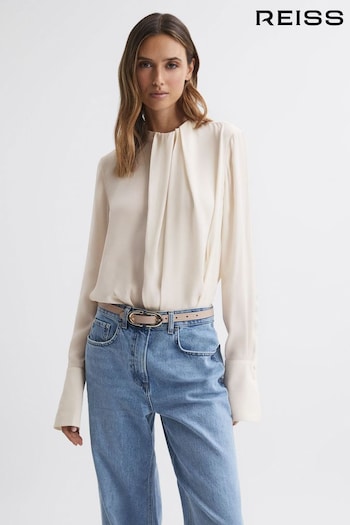 Reiss Cream Paloma Pleat Front Long Sleeve Blouse (N31502) | £138