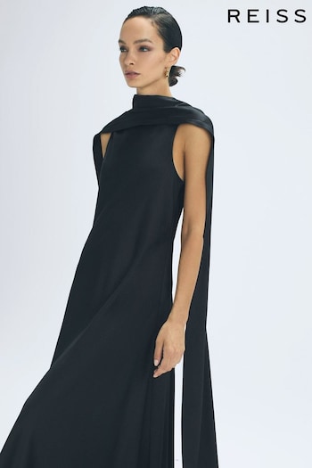 Reiss Black Keira Atelier Duchess Satin Cape Maxi Dress (N31507) | £595