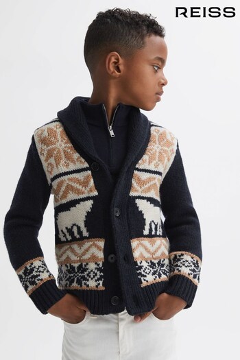 Reiss Navy Multi Birch Junior Knitted Fair isle Button-Through Cardigan (N31513) | £48