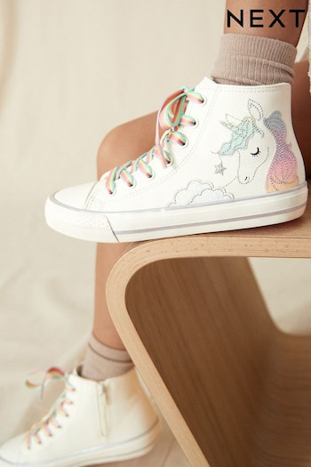 White Rainbow Unicorn Standard Fit (F) Lace-Up High Top Trainers (N31585) | £25 - £32