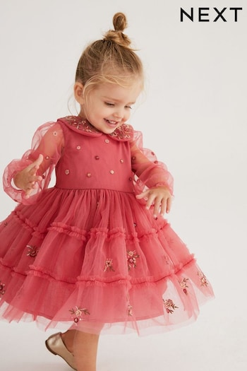 Pink Embroidered Mesh Tiered Long Sleeve Dress (3mths-8yrs) (N31671) | £28 - £32