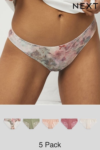 Pink Watercolour Floral Print/Sage Green/Cream Brazilian Lace No VPL Brazilian Briefs 5 Pack (N31816) | £26