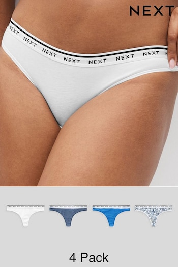 White/Light Blue Thong Cotton Rich Logo Knickers 4 Pack (N31820) | £17