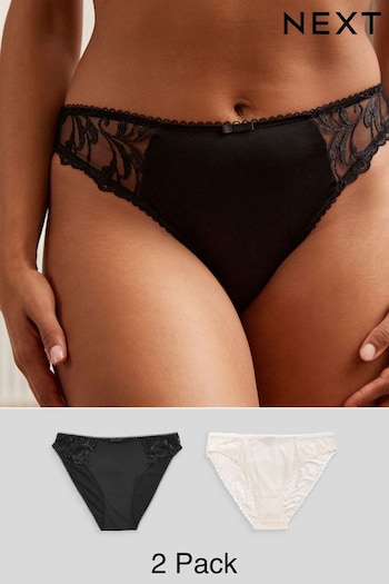 Black/Cream High Leg Embroidered Knickers 2 Pack (N31823) | £12