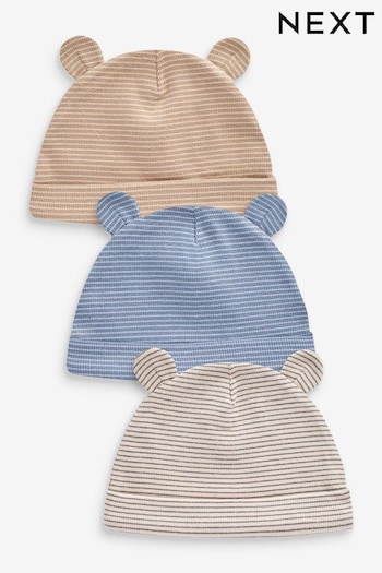 Blue Stripe 3 Pack Baby Bear Ear Beanie Grey Hats (0mths-2yrs) (N31844) | £6