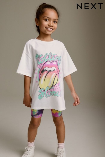 White/Pink Oversized Rolling Stones T-Shirt and Short Set (3-16yrs) (N31909) | £16 - £22