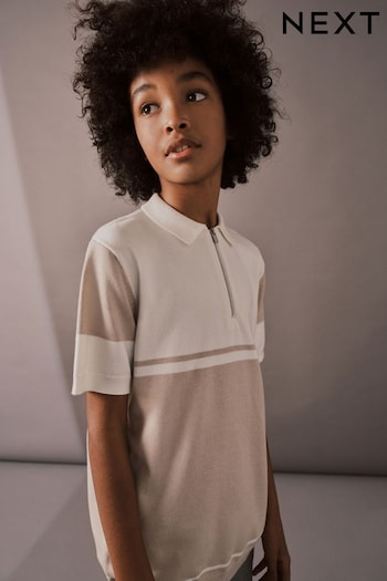 Neutral Short Sleeved Colourblock Zip Polo Lauren Shirt (3-16yrs) (N31924) | £14 - £19