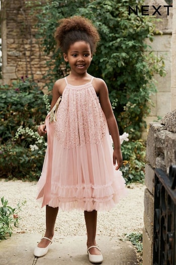 Pink Sequin Mesh Trapeze Occasion Dress (3-16yrs) (N31947) | £24 - £30