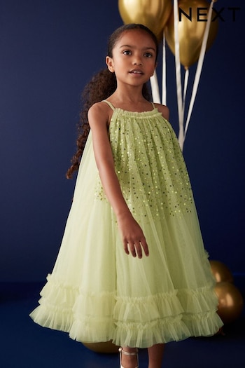 Matcha Green Sequin Mesh Trapeze Occasion Dress (3-16yrs) (N31948) | £24 - £30