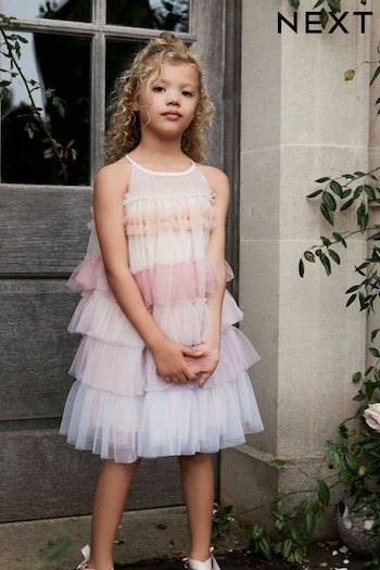 Pink/ Pastel Rainbow Tiered Mesh Party Dress (3-16yrs) (N31955) | £24 - £30