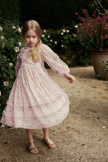 Ecru Floral Long Sleeve Soft Mesh Dress (3-16yrs) (N31961) | £26 - £32