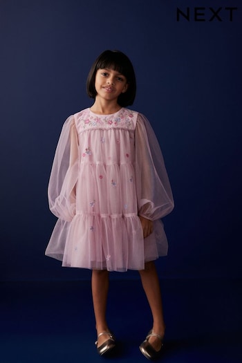 Pink Pretty Embroidered Long Sleeve Soft Mesh Dress (3-16yrs) (N31962) | £25 - £31