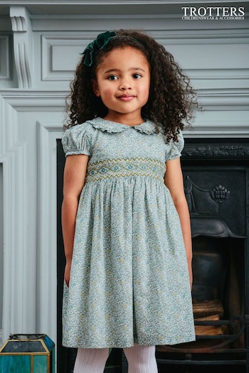 Trotters London Green Liberty Print Green Katie & Millie Smocked Dress (N32025) | £88 - £94