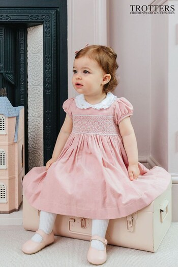 Trotters London Pink Little Pale Cord Orla Smocked Cotton Dress (N32098) | £80