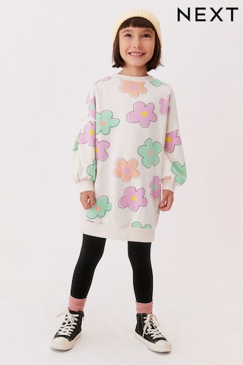 Ecru White/Lilac Purple/Green Daisy Print Soft Jumper Dress Solstice (3-16yrs) (N32139) | £14 - £19