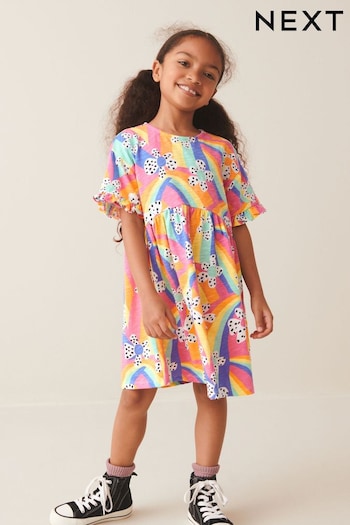 Pink/Blue/Green Rainbow Flower Print Short Sleeve Jersey Dress (3-16yrs) (N32148) | £10 - £15