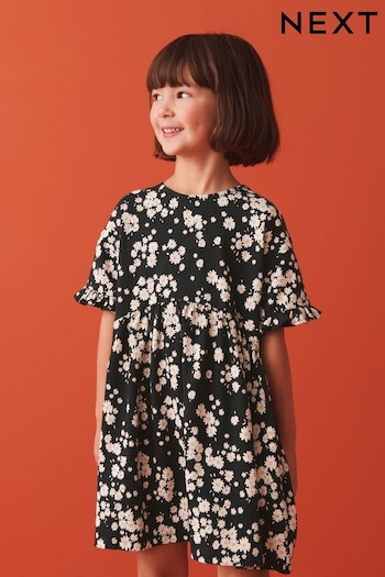 Black Daisy Print Short Sleeve Cotton Jersey Dress (3-16yrs) (N32150) | £10 - £15