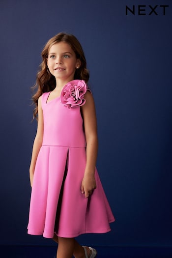 Pink 3D Flower Corsage Asymmetric Scuba Occasion Dress (1.5-16yrs) (N32175) | £20 - £28