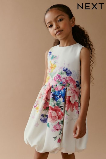 White/ Pink/ Blue Floral Puffball Hem Scuba Occasion Dress (1.5-16yrs) (N32182) | £25 - £33