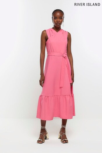 River Island Pink Cross Front Belted Midi Dress ZS109 (N32214) | £49