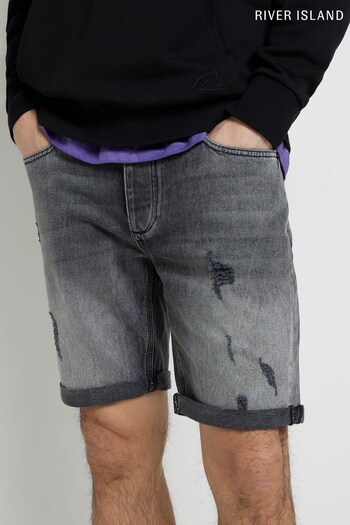 River Island Black Slim Rips Shorts (N32225) | £36