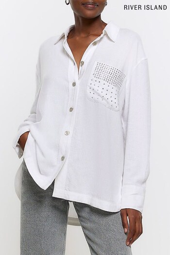 River Island White Linen Embelished Pocket Shirt (N32233) | £37