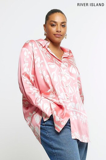 River Island Coral Pink Plus Oversized Satin Boyfriend Shirt (N32236) | £38