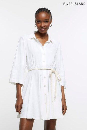 River Island White Belted Godet Linen Shirt Dress ZS109 (N32243) | £47