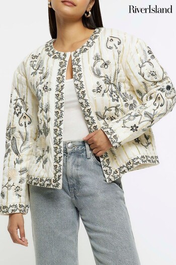 River Island Cream Quilted Embroidered Housecoat Jacket (N32247) | £65
